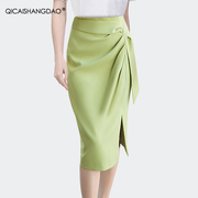 时尚绿色半身裙女开叉高腰绑带，一步裙紧身高级感包臀裙中长款包裙