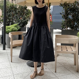 L100小米家韩国女装针织无袖背心拼接蓬蓬半身裙假两件连衣裙显瘦