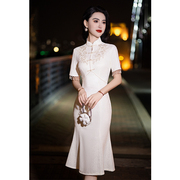 新中式改良旗袍连衣裙鱼尾小礼服，平时可穿白色，蕾丝复古优雅高端女