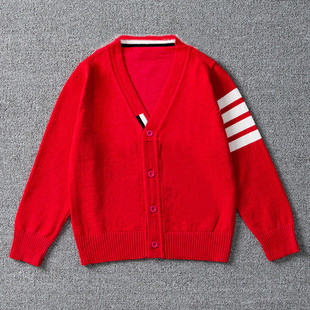 韩版男童红色毛衣纯棉v领开衫宝宝新年亲子装女大童学生外套