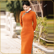 高端复古中国风旗袍修身性感年会秋冬加厚气质主持人女礼服裙