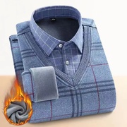 秋冬季男士格纹假两件加绒加厚衬衫领保暖套头毛衣针织衫格子休闲