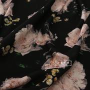 一米价大气黑色底潜粉色花朵印花雪纺布料夏季洋装旗袍衬衫面料