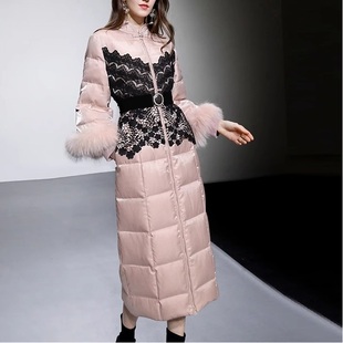 2023冬季时尚名媛轻奢高级感貉子毛重工蕾丝中长款羽绒服外套