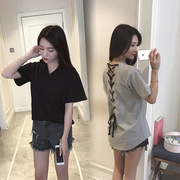 露背绑带短袖夏季简约ins韩版女式T恤中长款V领宽松百搭