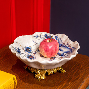 美式陶瓷镶铜装饰茶几水果盘创意古典孔雀描金客厅工艺品果盘摆件