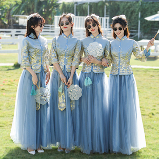 中式伴娘服女2024冬季姐妹团装礼服小众高级感国风蓝色伴娘裙