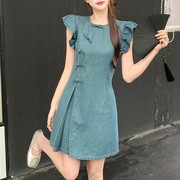 新中式改良旗袍复古牛仔裙女夏季大码国风盘扣，设计感小飞袖连衣裙