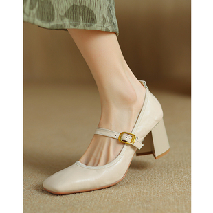 Kmeizu软羊皮~6.5cm粗跟一字扣带玛丽珍女鞋春季高跟鞋ol法式单鞋