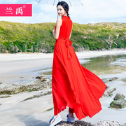 波西米亚长裙红色雪纺连衣裙2023夏长款巴厘岛沙滩裙海边度假