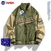 NASA美式复古麂皮绒深绿色男士棒球服春秋款大码宽松休闲夹克外套