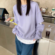 ins少女芋泥紫卫衣女香芋紫chic小众设计手袖镂空宽松淡紫色外套