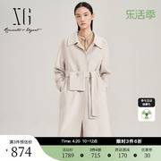 XG雪歌米白色中长款毛呢外套2023秋季山羊绒长袖绵羊毛大衣女