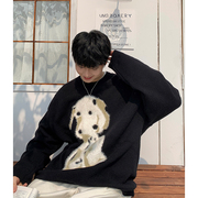 金中大HLDS美式复古斑点狗刺绣圆领毛衣男宽松冬季小众设计针织衫