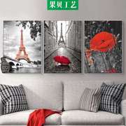 红色巴黎现代简约装饰画，埃菲尔铁塔挂画沙发客厅，壁画墙画街景
