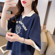 娃娃领短袖t恤女夏装韩版宽松大码小众设计感翻领假两件撞色上衣