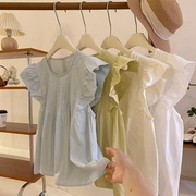 短袖雪纺衫韩版气质衬衫女夏季2023褶皱，小飞袖设计感修身显瘦上衣