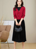 新中式红色针织连衣裙，女秋冬季中长款气质拼接假两件毛衣裙子