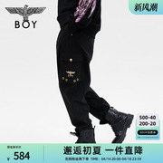BOYLONDON春季男女同款长裤烫金印花黑色潮牌设计感哈伦裤N34003