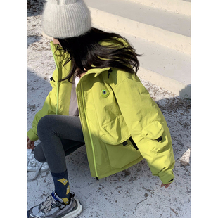 地球店荧光绿大口袋设计感工装羽绒服女冬季中长款宽松防风冲锋衣