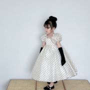 女童短袖波点连衣裙2024夏季韩版女孩珠光纱，泡泡袖长裙公主裙