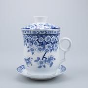 陶瓷茶杯带盖过滤四件青花骨瓷个人水杯会议办公品茗泡茶杯早餐杯