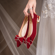 桃夭结婚鞋子新娘鞋酒红色高跟鞋，女绒面低跟秀禾服婚鞋中式蝴蝶结