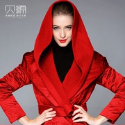 贝源欧美品牌红色羽绒服女2023冬中长款连帽本命年白鸭绒(白鸭绒)外套