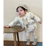 冬季韩版婴幼儿蝴蝶结夹棉加厚棉服外套女宝宝背带连体包屁衣套装