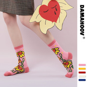 damahoov春夏花心插画卡通，个性小众搞怪中长袜子女棉袜中筒袜
