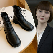 2023黑色短靴女秋冬马丁靴系带方头短筒踝靴英伦风平底瘦瘦靴
