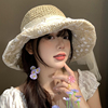 蕾丝花朵蝴蝶结编织草帽，女夏季法式海边沙滩，帽遮阳防晒帽子潮
