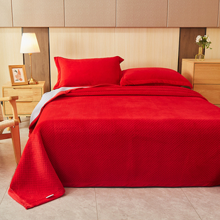 大红毛毯加厚保暖双面用牛奶，绒宝宝绒珊瑚，绒盖毯床盖床单三件套