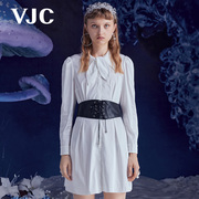 vjc威杰思女装，秋冬白色翻领，珍珠烫钻连衣裙修身高腰裙