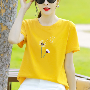 纯棉黄色短袖t恤女士体恤2023年夏装宽松夏季女装上衣服正肩