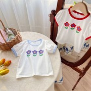 童装2024夏季短袖洋气t女童，宝宝撞色花朵上衣，韩版泡泡袖t恤潮