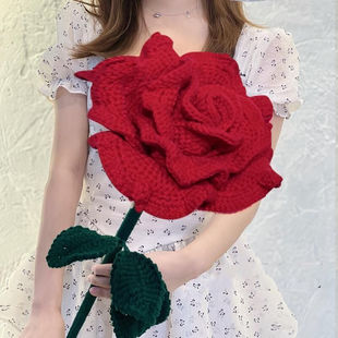 大号玫瑰花手工编织花束永生花，diy材料毛线钩织针织制作泰国玫瑰