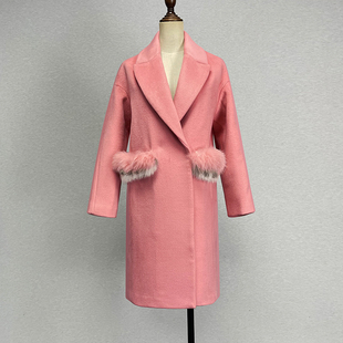 品牌折扣中长款粉红色羊毛呢大衣女，欧美风西装，领双排扣秋冬外套潮