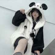 2023年秋冬季日系软妹风羊羔毛可爱熊猫外套女学院风连帽上衣
