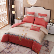 新中式纯棉四件套结婚床上用品大红色婚庆被套床单中国风新年床品