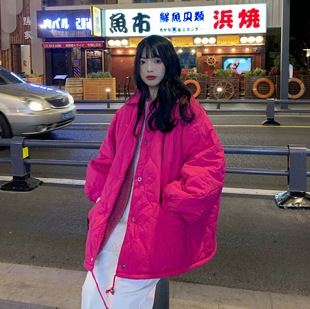 玫红色菱格羊羔毛棉服(毛棉服)外套女冬季宽松火龙果色oversize加厚棉衣潮