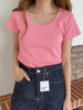 绝版韩版U领T恤女夏季玫粉色精梳棉螺纹弹力修身上衣短袖
