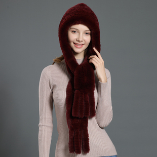 韩版休闲 冬季护耳女士獭兔毛帽子围巾一体两用保暖皮草帽子女