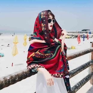 茶卡盐湖旅游拍照草原沙漠防晒丝巾，海边复古大红色，围巾披肩两用女