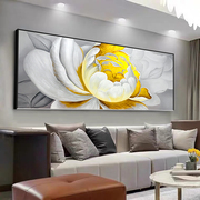 纯手绘金色牡丹油画横版客厅沙发背景墙装饰画卧室床头轻奢壁