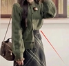24年深秋冬装搭配一整套小个子，韩系学院风高级感绿色毛衣格纹半身