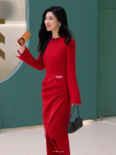浪姐朱珠同款定制红色长袖连衣裙腰部修饰老钱风气质优雅显瘦礼服