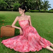 法式印花粉色裹胸吊带裙，女夏季度假网纱抹胸，连衣裙气质大摆长裙子