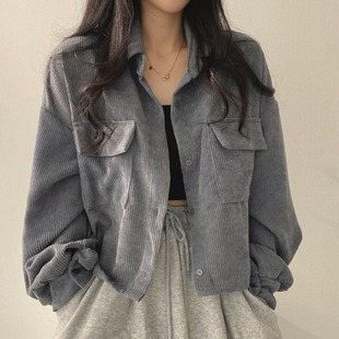 韩国chic春季法式复古百搭单排扣翻领短款灯芯绒，衬衫长袖外套女潮