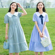 少女大童连衣裙2023夏季娃娃领条纹显瘦裙子初中学生15岁女孩夏装
